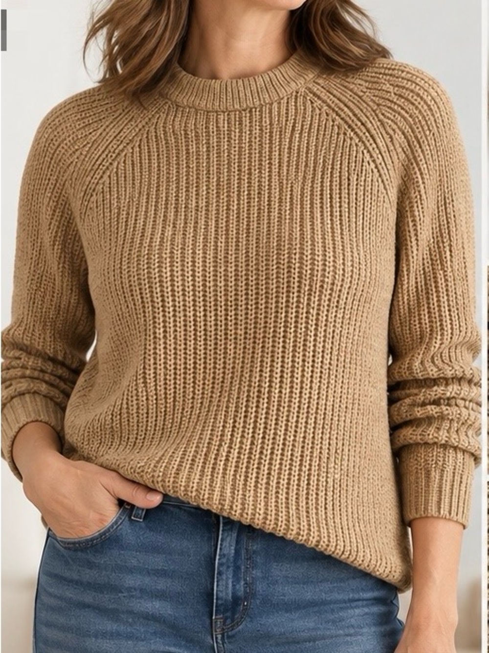 QUINCE 100%ORGANIC COTTON RIBBED KNIT SWEATER CAMEL TAN size M